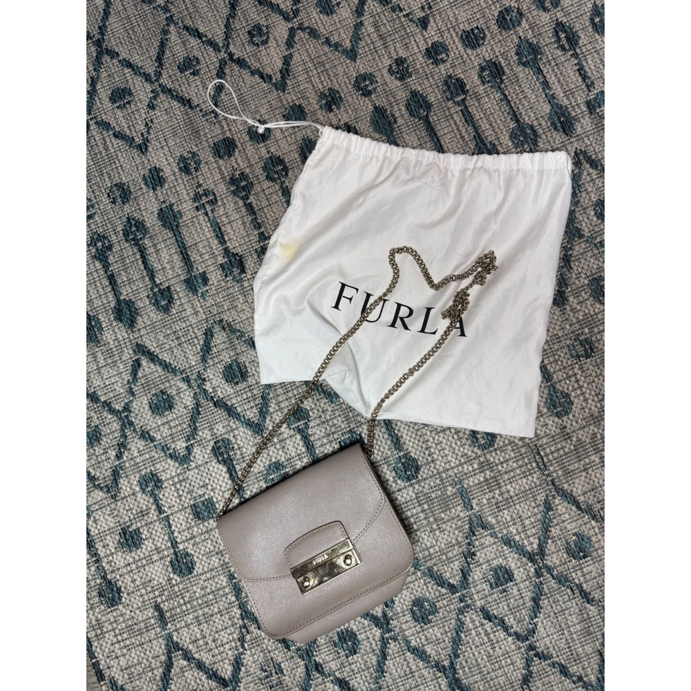 Furla Metropolis Mini Crossbody Bag Taupe Saffiano Leather Gold Chain Strap